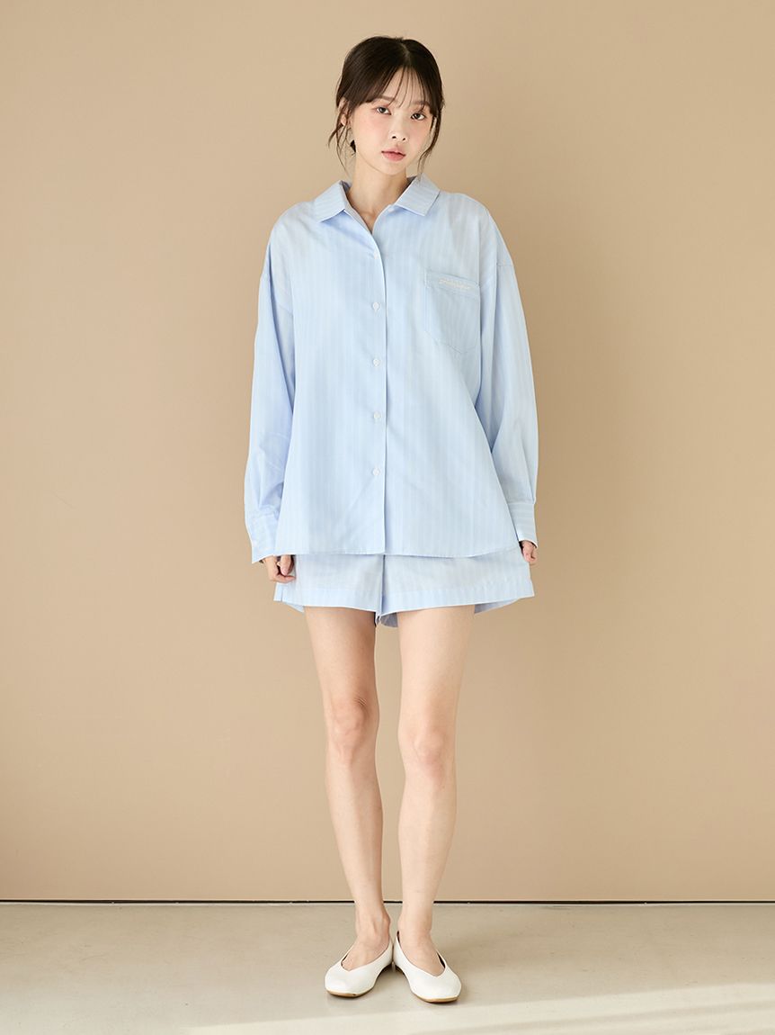 ジェラートピケ ストライプ柄シャツ ＆ ショートパンツ セットアップ ブルー ストライプショートパンツ(ショートパンツ)｜ルームウェア・パジャマ