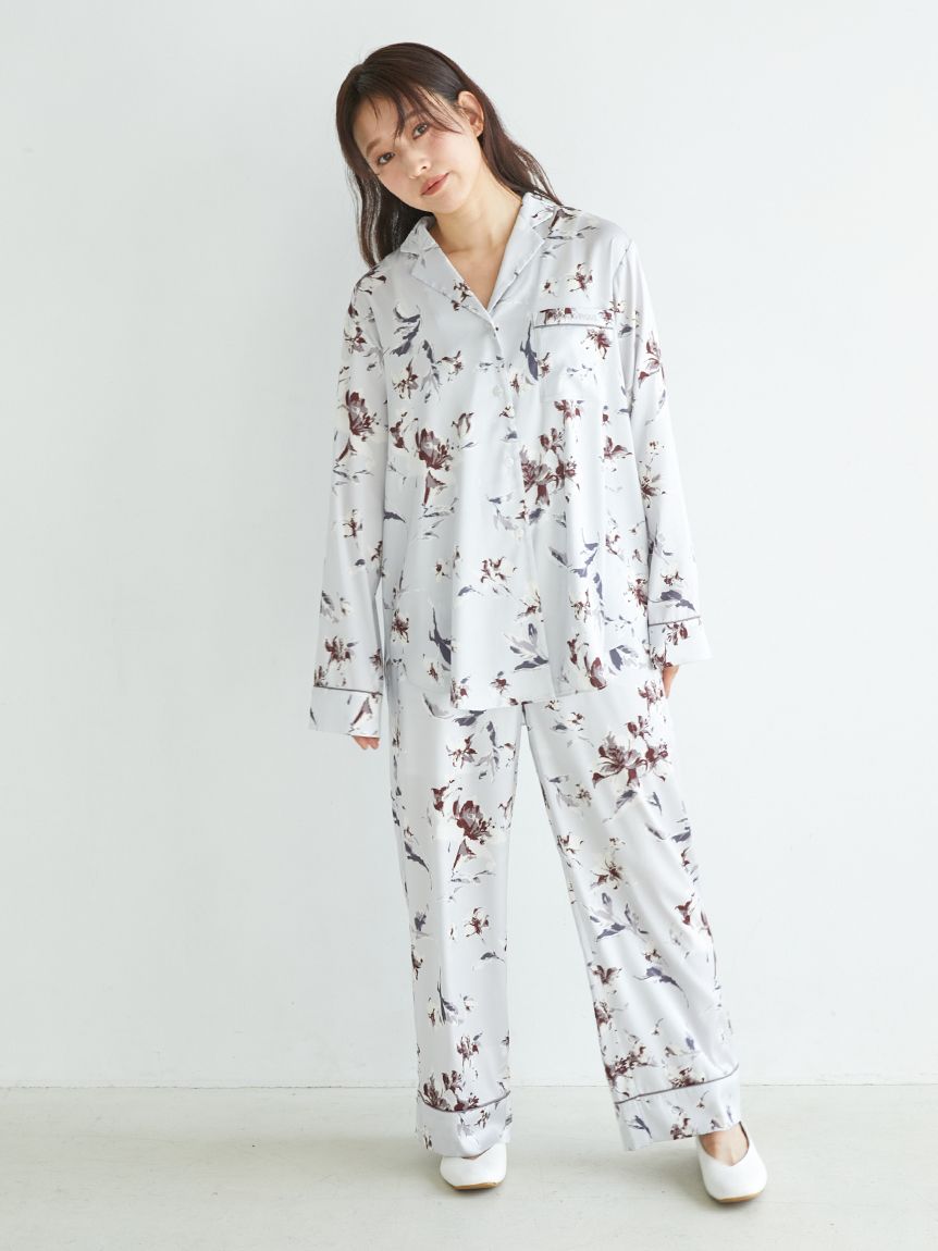 母の日】花柄サテンパイピングシャツ(シャツ)｜ルームウェア