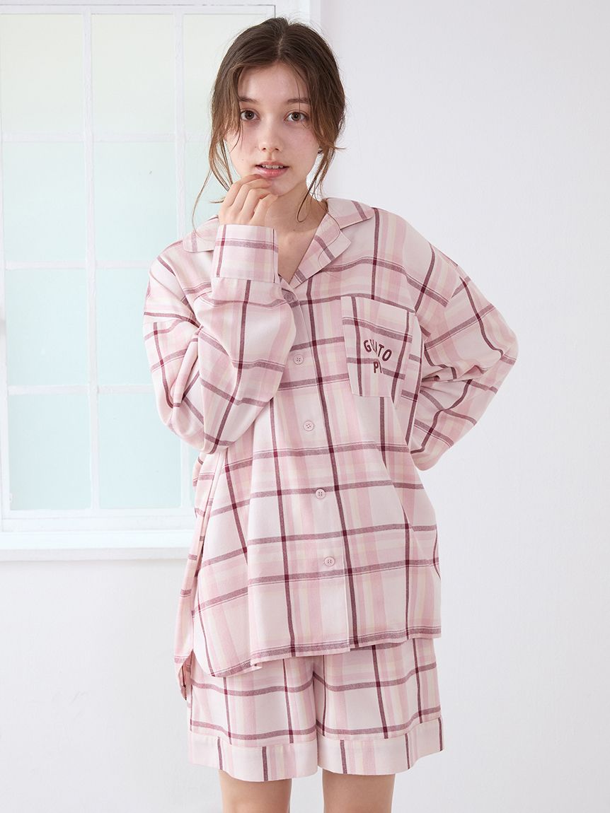新品タグ付き⭐︎ジェラートピケ チェック柄シャツロングパンツ上下セット　ピンク トレンドチェック柄シャツ(シャツ)｜ルームウェア・パジャマ通販