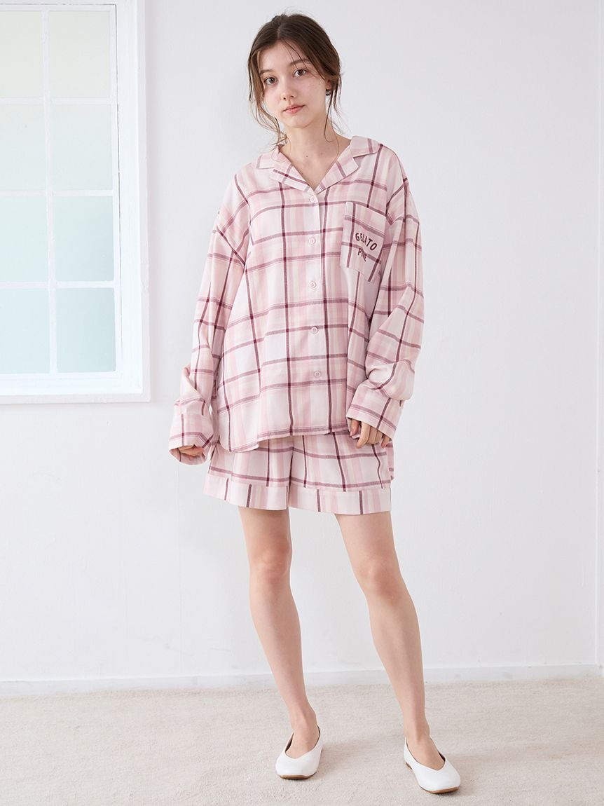 新品タグ付き⭐︎ジェラートピケ チェック柄シャツロングパンツ上下セット　ピンク トレンドチェック柄シャツ(シャツ)｜ルームウェア・パジャマ通販