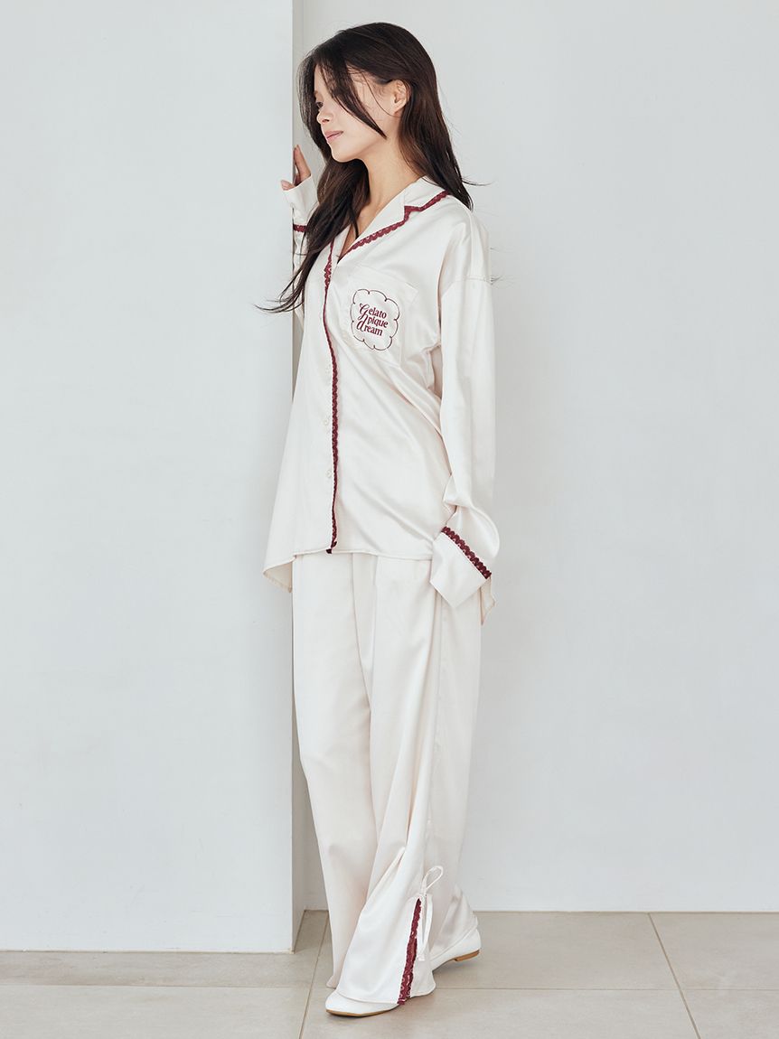 ジェラートピケ モチーフサテン 上下セット レースサテンシャツ(シャツ)｜ルームウェア・パジャマ通販の