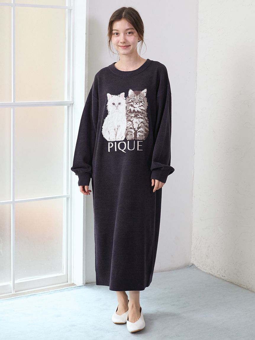 正規品♡新品 ジェラートピケ キャットジャガードワンピース ピンク ツインキャットジャガードワンピース(ワンピース)｜ルームウェア