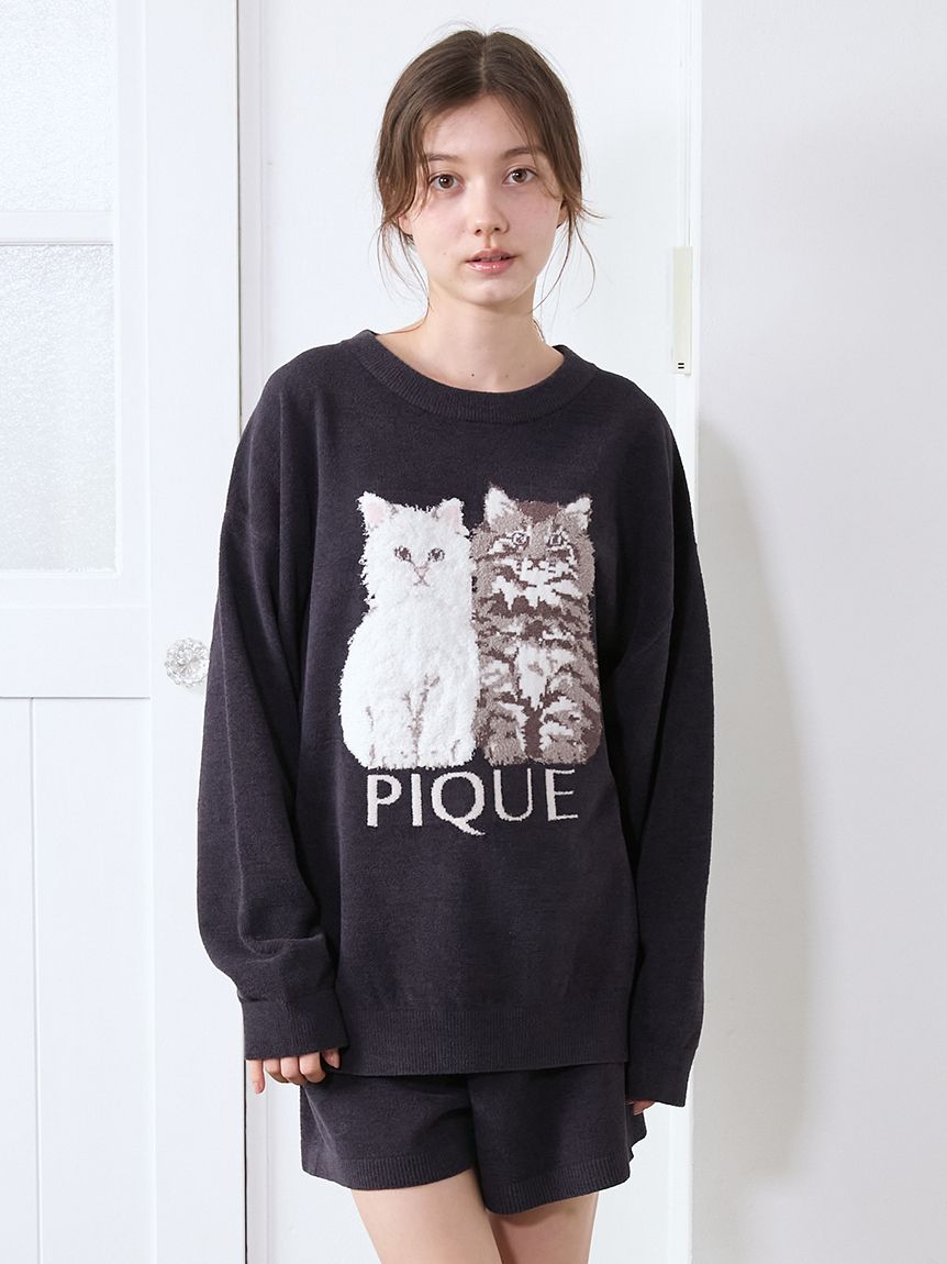 ジェラートピケ キャットTシャツ キャットロングパンツ セットアップ ONLINE限定】【HOMME】sleeping cat ワンポイントTシャツ＆総柄ロング
